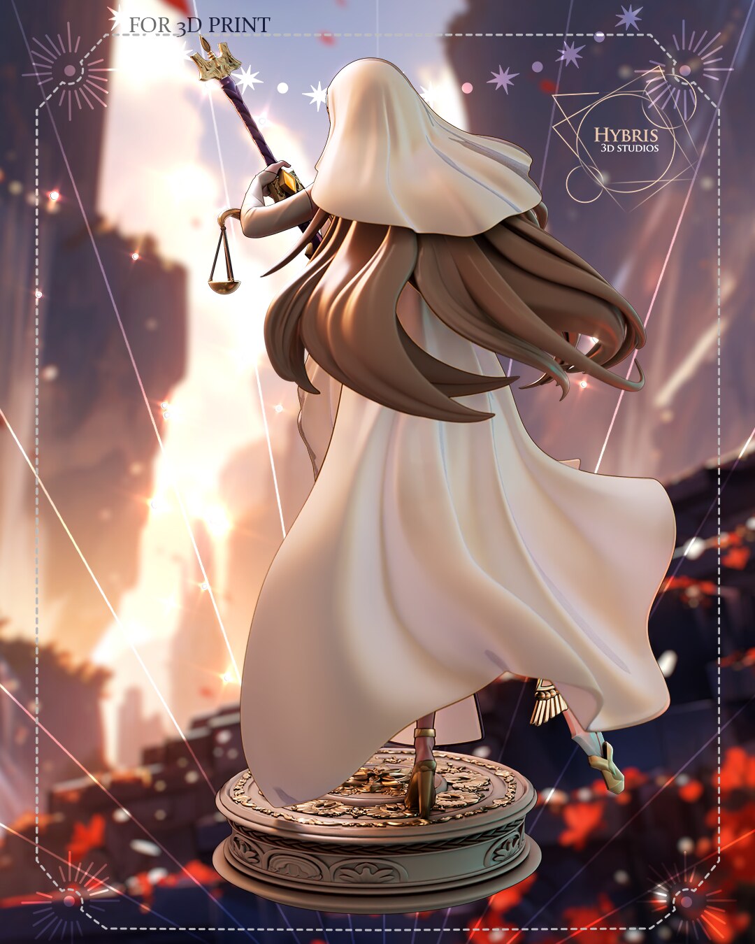 Sculptor's render (kit ships unpainted): straight rear view of the white cloak, the long hair and the sword finial above her shoulder