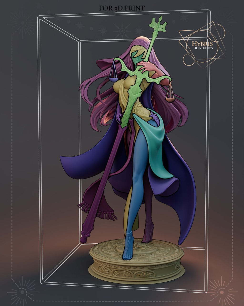 Sculptor's render (kit ships unpainted): color-coded parts layout, each print piece shown in a different flat color