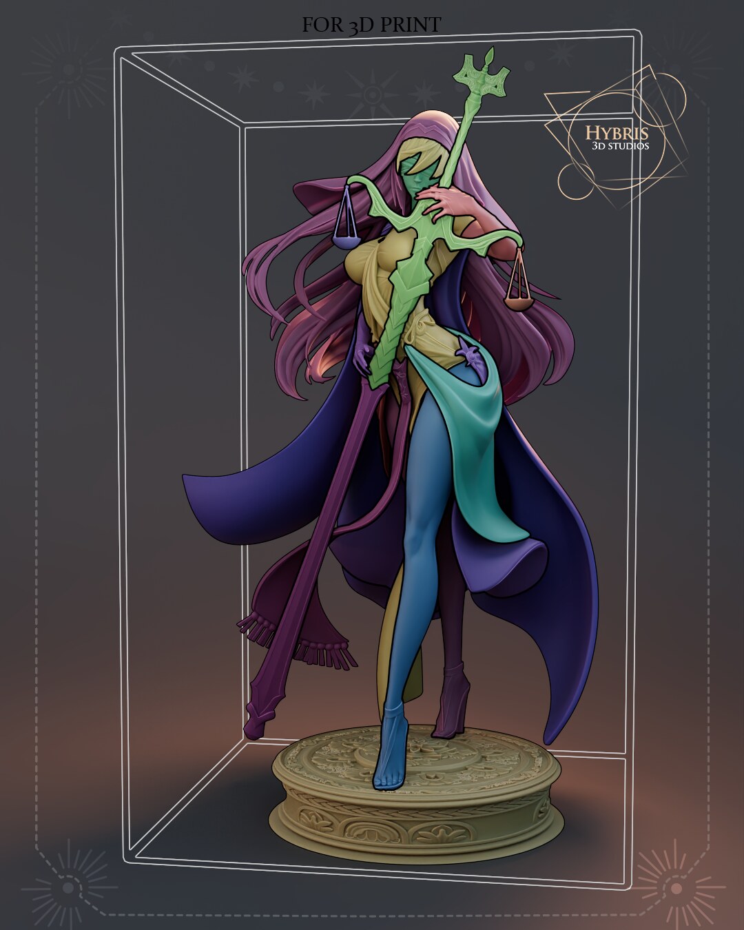 Sculptor's render (kit ships unpainted): color-coded parts layout, each print piece shown in a different flat color