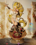 Sculptor's render of the painted design (kit ships unpainted): full front view of the blindfolded goddess with a huge spiral of golden hair, kneeling on a rose-covered broken column in an open scallop shell on a round carved plinth, a dove on her raised hand