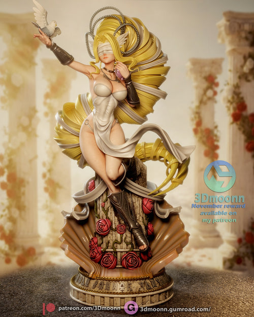 Sculptor's render of the painted design (kit ships unpainted): full front view of the blindfolded goddess with a huge spiral of golden hair, kneeling on a rose-covered broken column in an open scallop shell on a round carved plinth, a dove on her raised hand