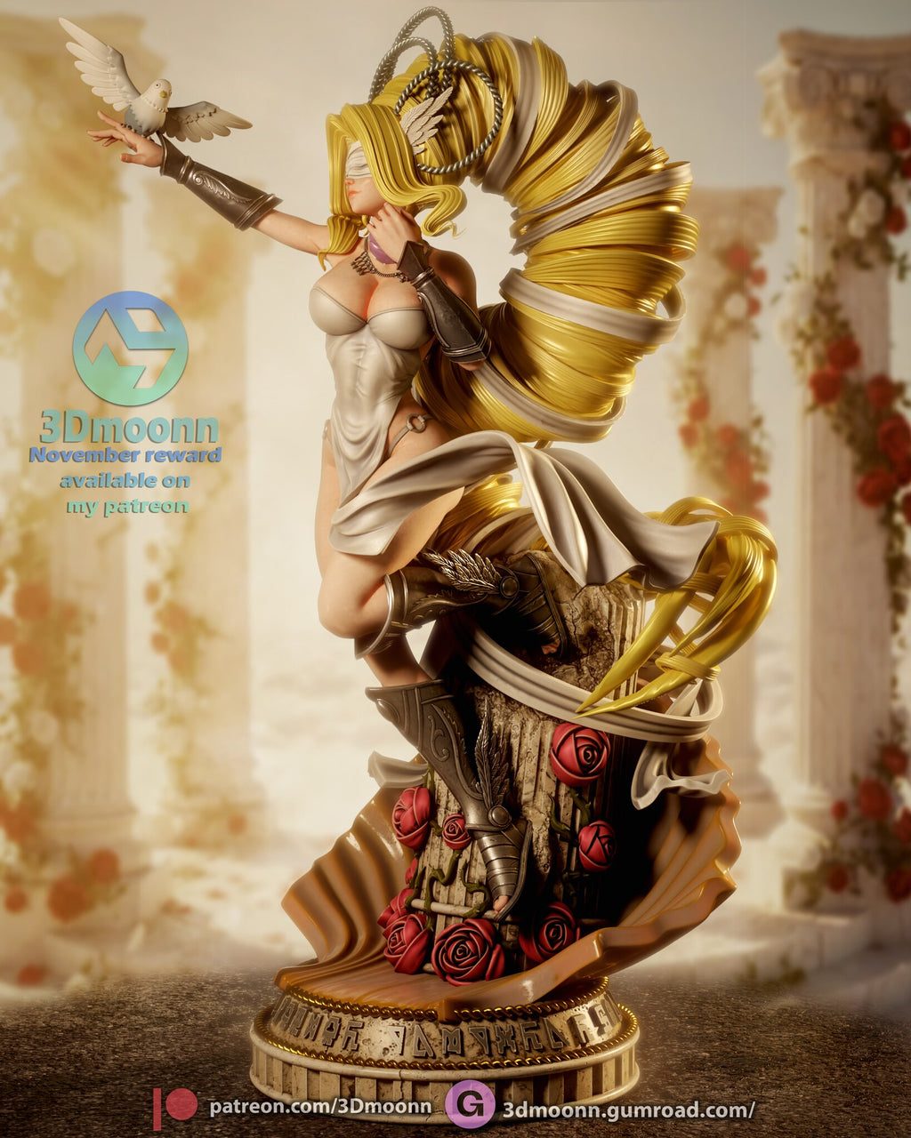 Sculptor's render (kit ships unpainted): three-quarter full view showing the side of the shell, the hair coil behind her and the kneeling leg along the column top