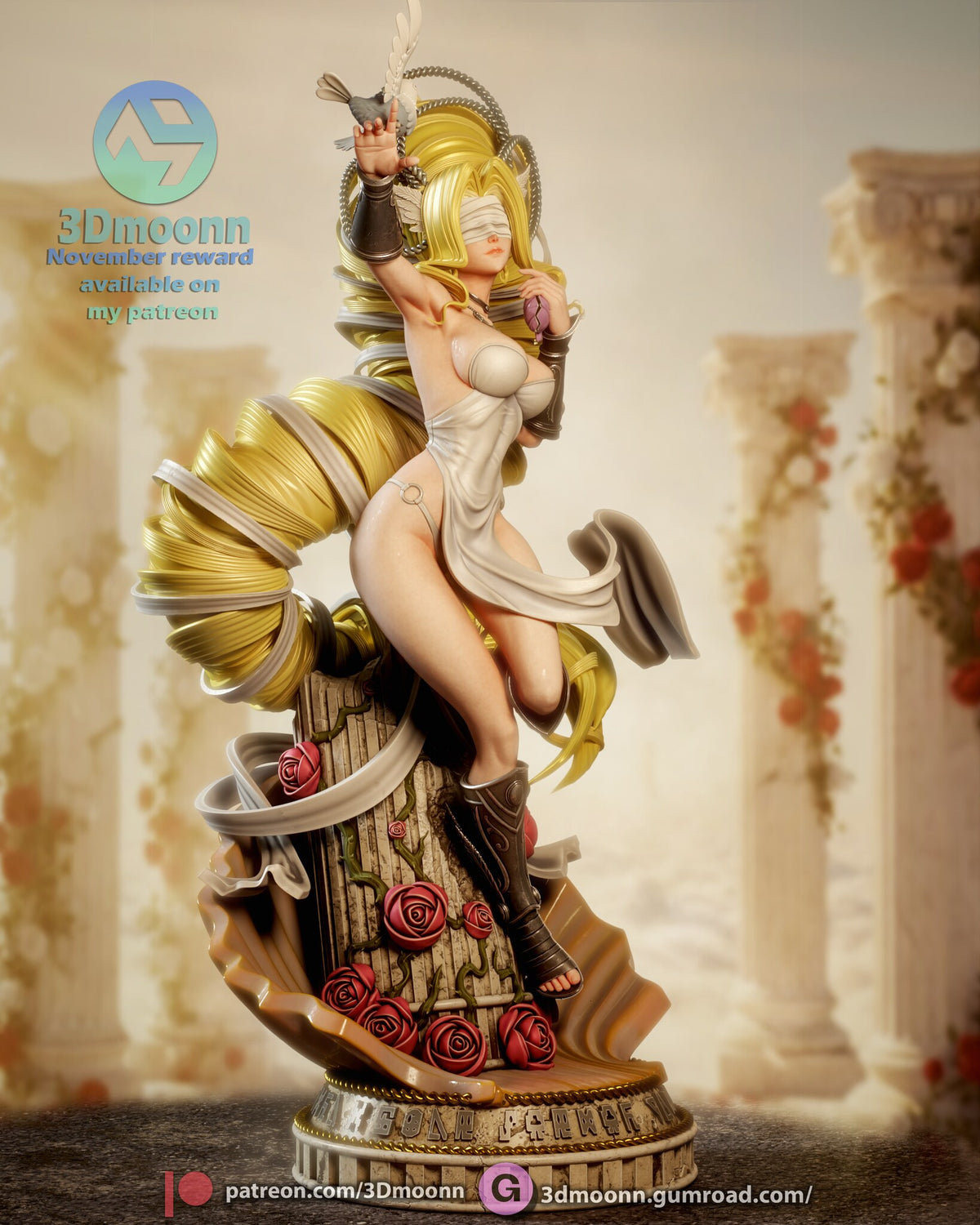 Sculptor's render (kit ships unpainted): full view from her other side, one armored leg stepping down the rose-covered column