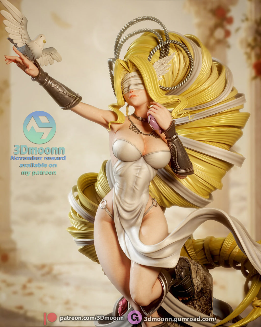 Sculptor's render (kit ships unpainted): upper-body view of the dove with spread wings, the cord halo, the bracers and the choker