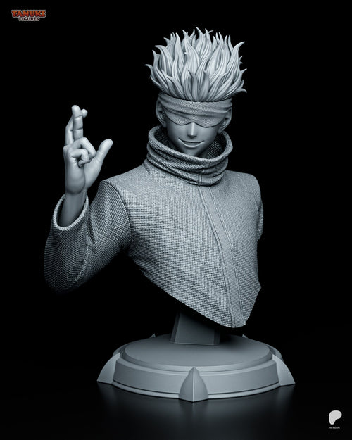 Sculptor's unpainted gray render of the design (kit ships unpainted): front view of the bust of a blindfolded man with spiked hair, smiling, his raised hand making a crossed-finger sign, on a round plinth