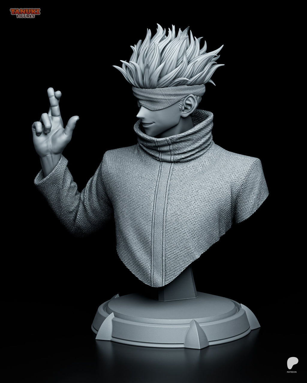 Sculptor's render (kit ships unpainted): three-quarter view from his left, showing the woven jacket texture, the tall rolled collar and the mesh blindfold