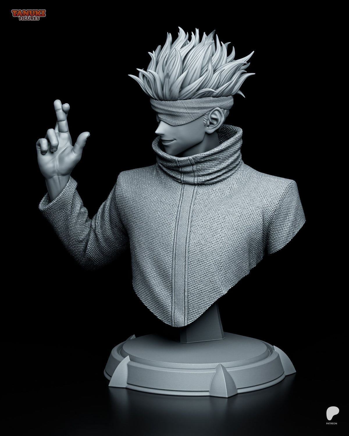 Sculptor's render (kit ships unpainted): three-quarter view from his left, showing the woven jacket texture, the tall rolled collar and the mesh blindfold