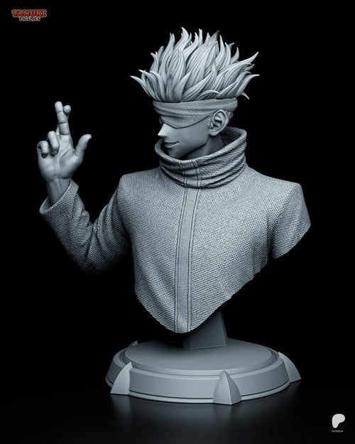 Sculptor's render (kit ships unpainted): three-quarter view from his left, showing the woven jacket texture, the tall rolled collar and the mesh blindfold