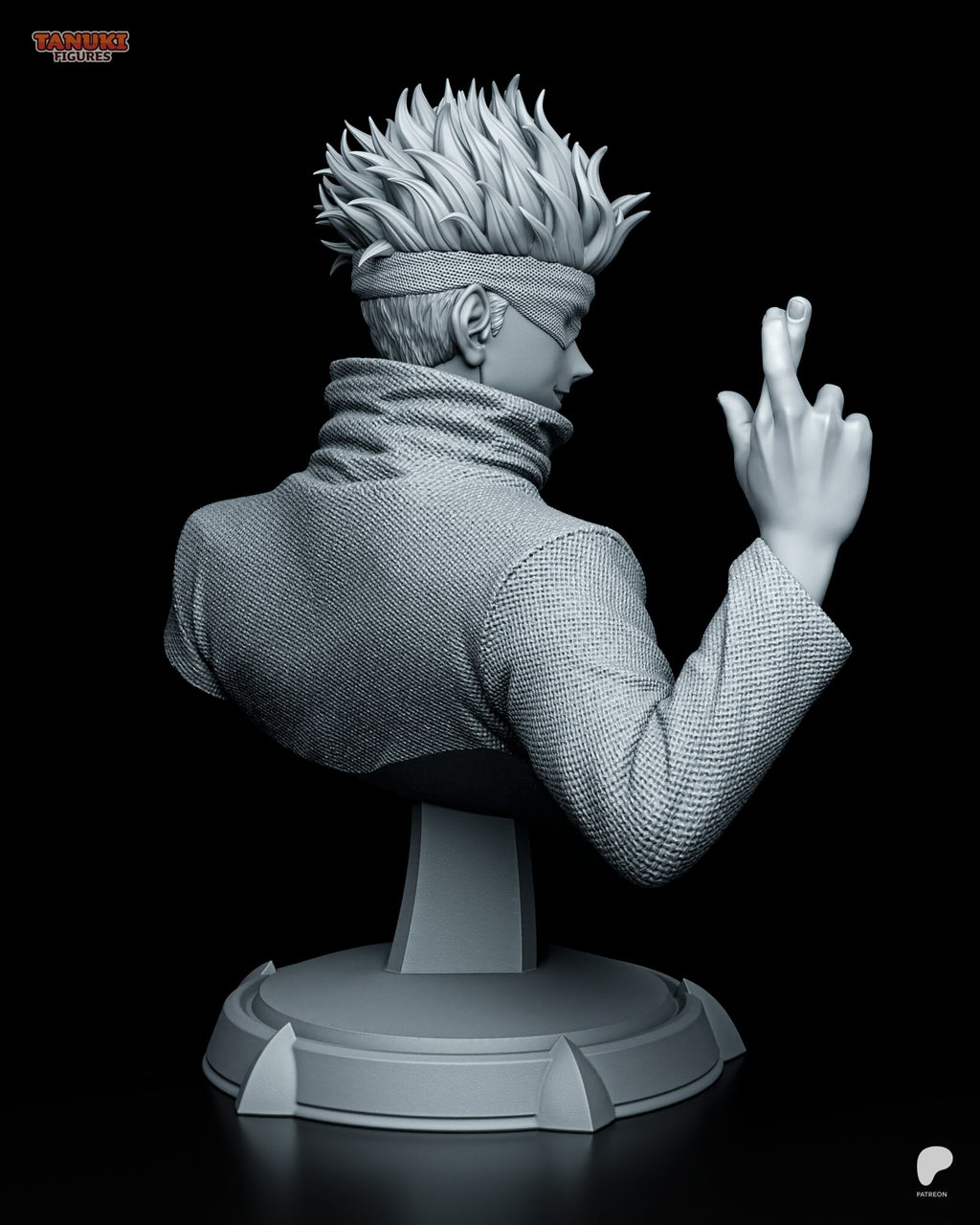 Sculptor's render (kit ships unpainted): rear three-quarter view of the hair crown, the blindfold band and the raised hand