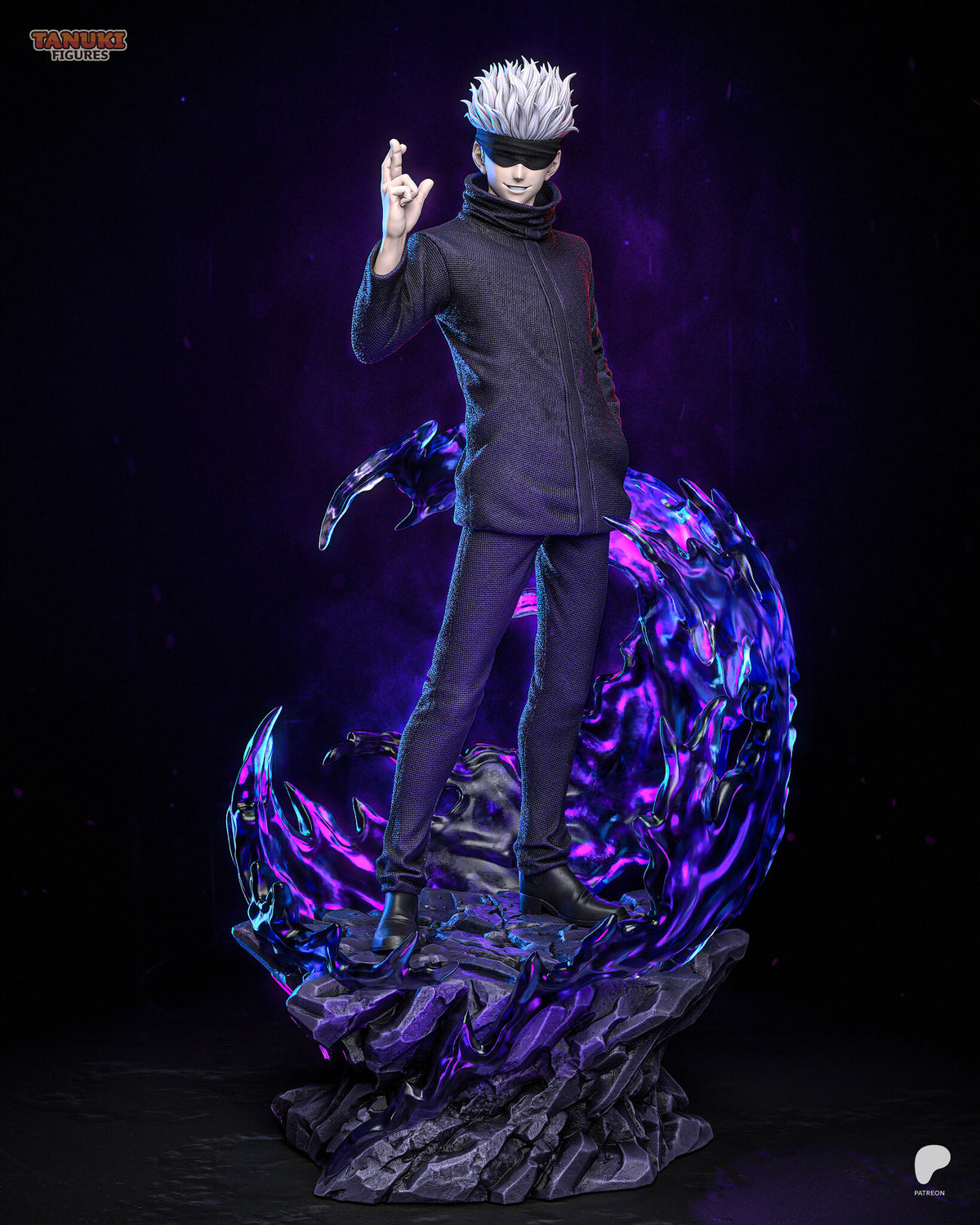 Sculptor's render of the painted design (kit ships unpainted): full front view of the blindfolded white-haired man in a dark high-collared uniform making a crossed-finger hand sign, standing on a jagged rock inside a swirl of purple energy