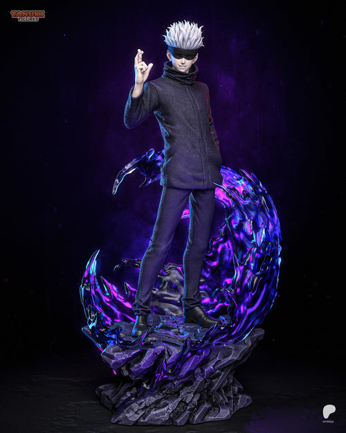 Sculptor's render of the painted design (kit ships unpainted): full front view of the blindfolded white-haired man in a dark high-collared uniform making a crossed-finger hand sign, standing on a jagged rock inside a swirl of purple energy
