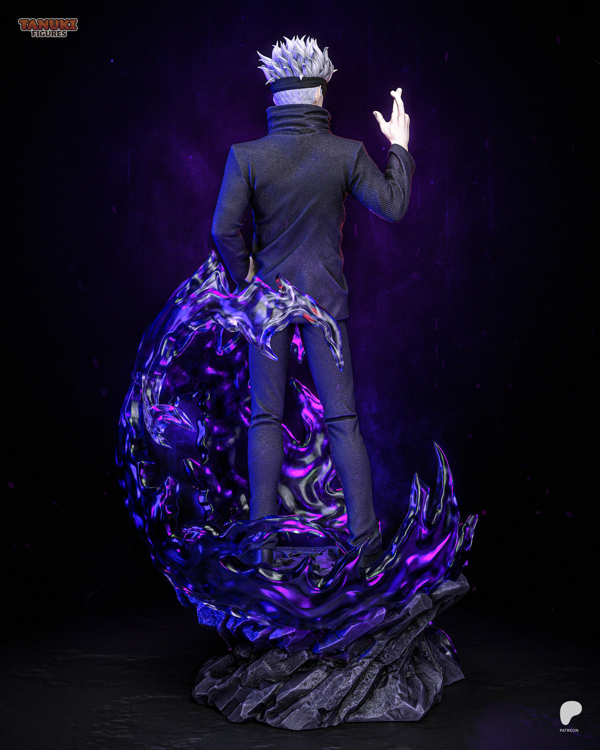 Sculptor's render (kit ships unpainted): rear view, the left hand in the jacket pocket and the energy swirl behind his legs
