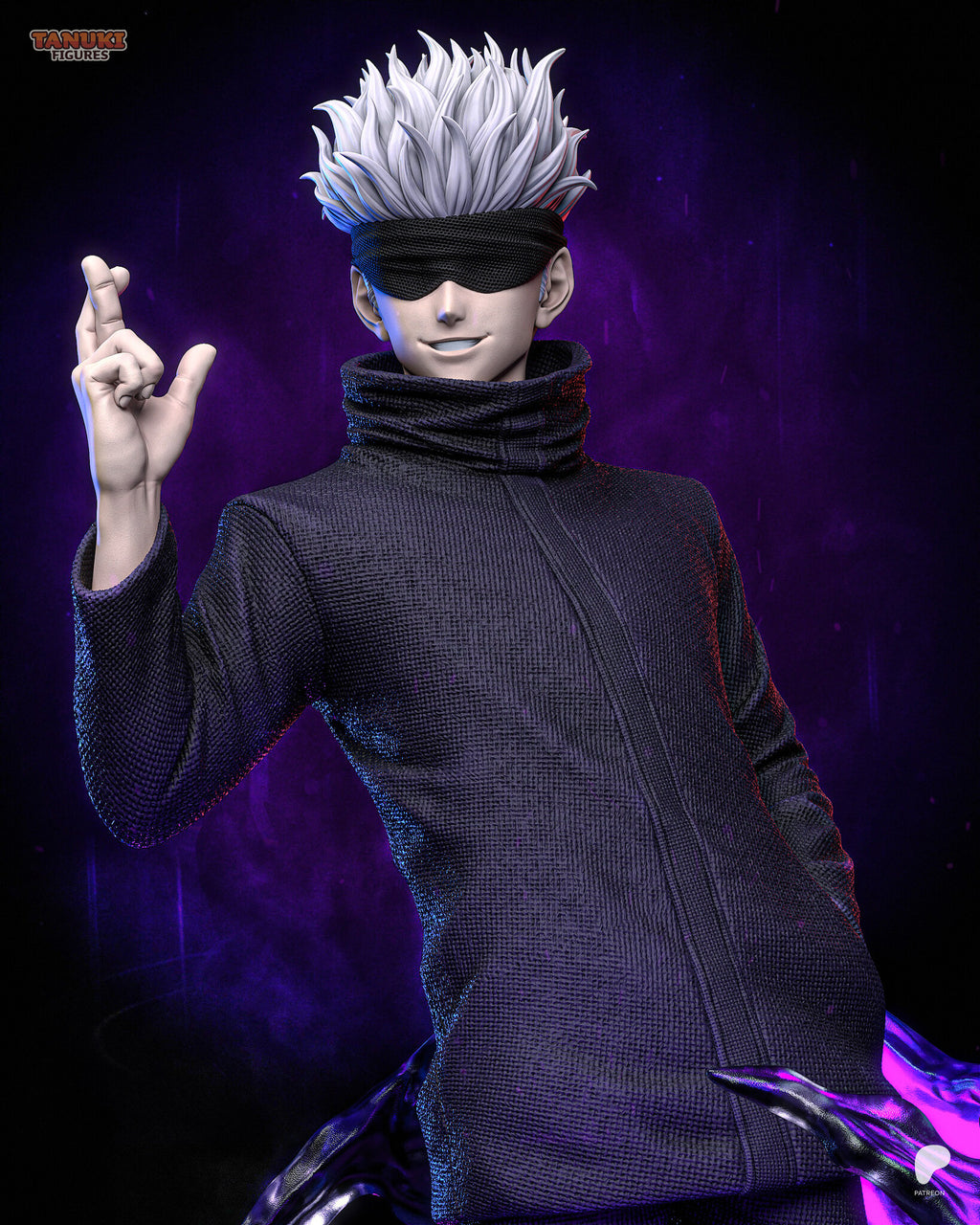 Sculptor's render (kit ships unpainted): closer view of the blindfolded head, the grin, the tall rolled collar and the raised hand sign
