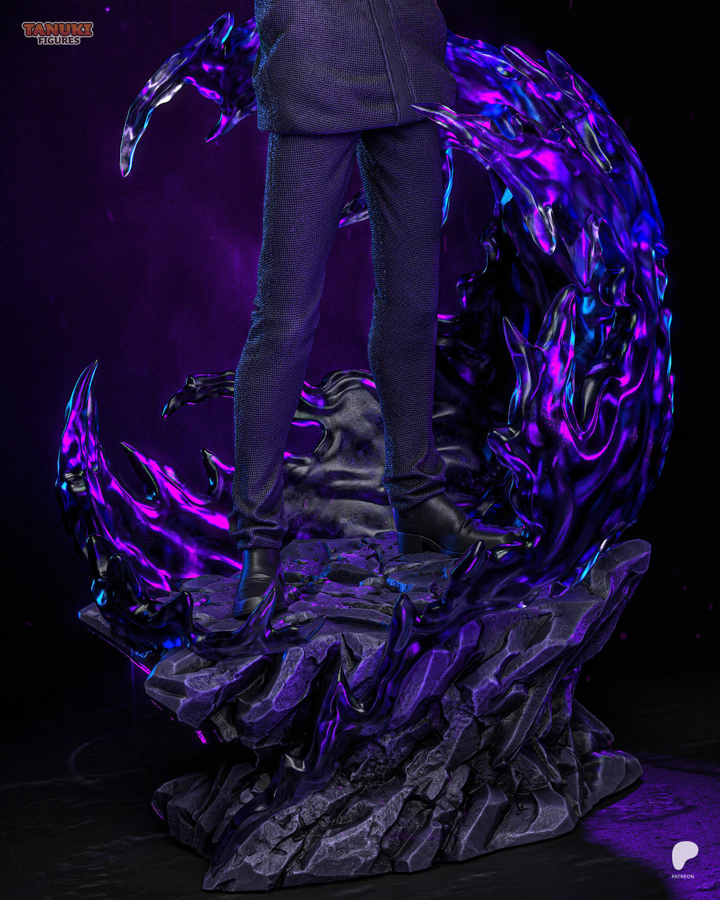 Sculptor's render (kit ships unpainted): close view of the boots on the jagged rock and the clawed purple energy ring