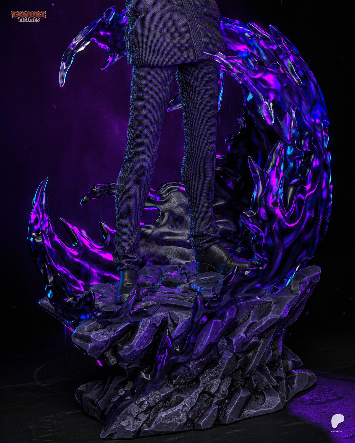 Sculptor's render (kit ships unpainted): close view of the boots on the jagged rock and the clawed purple energy ring