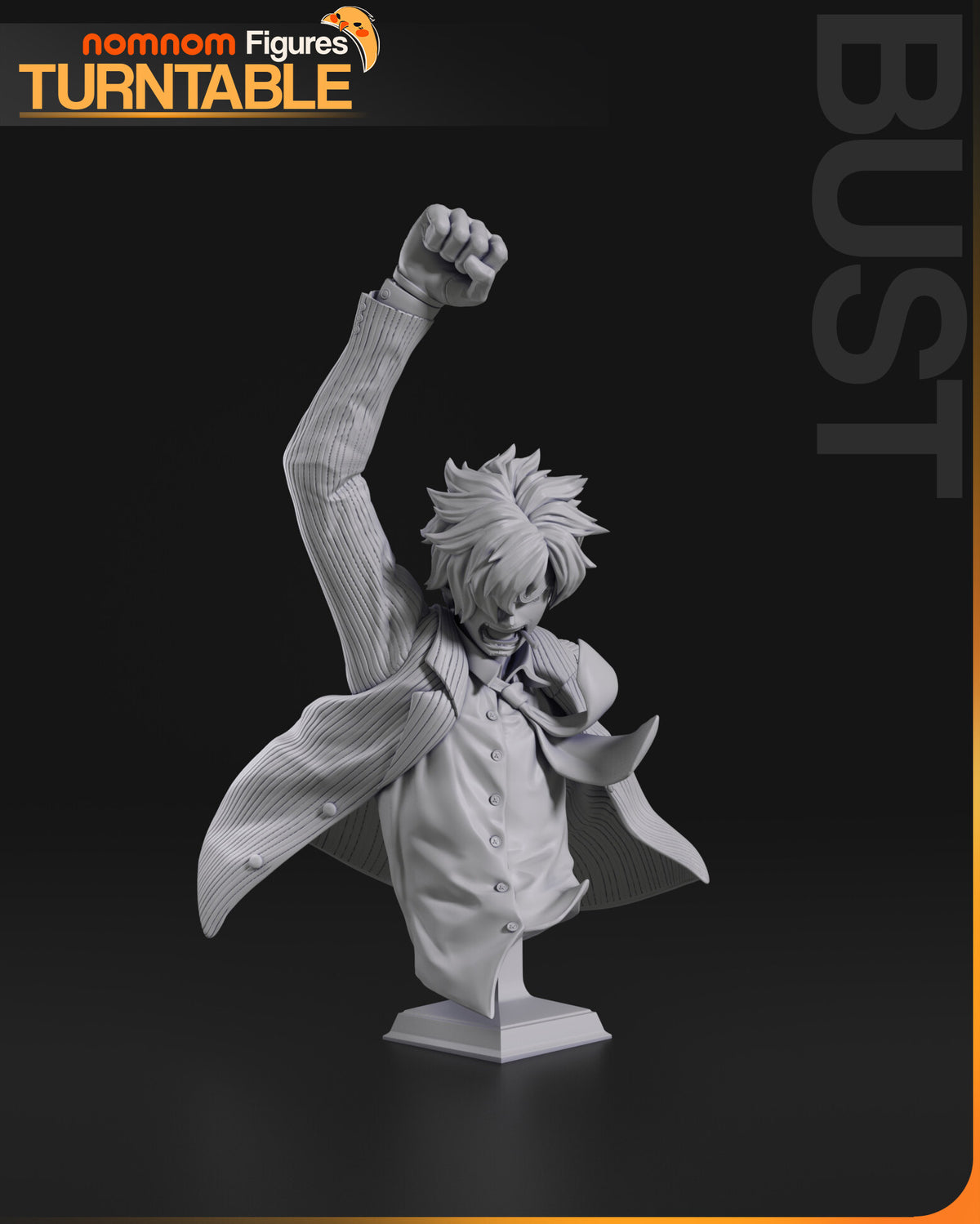 Sculptor's render of the painted design (kit ships unpainted): gray studio view of the bust, one fist thrown straight up, the open pinstripe jacket flaring at both sides over a buttoned shirt and loose tie, on a stepped stand