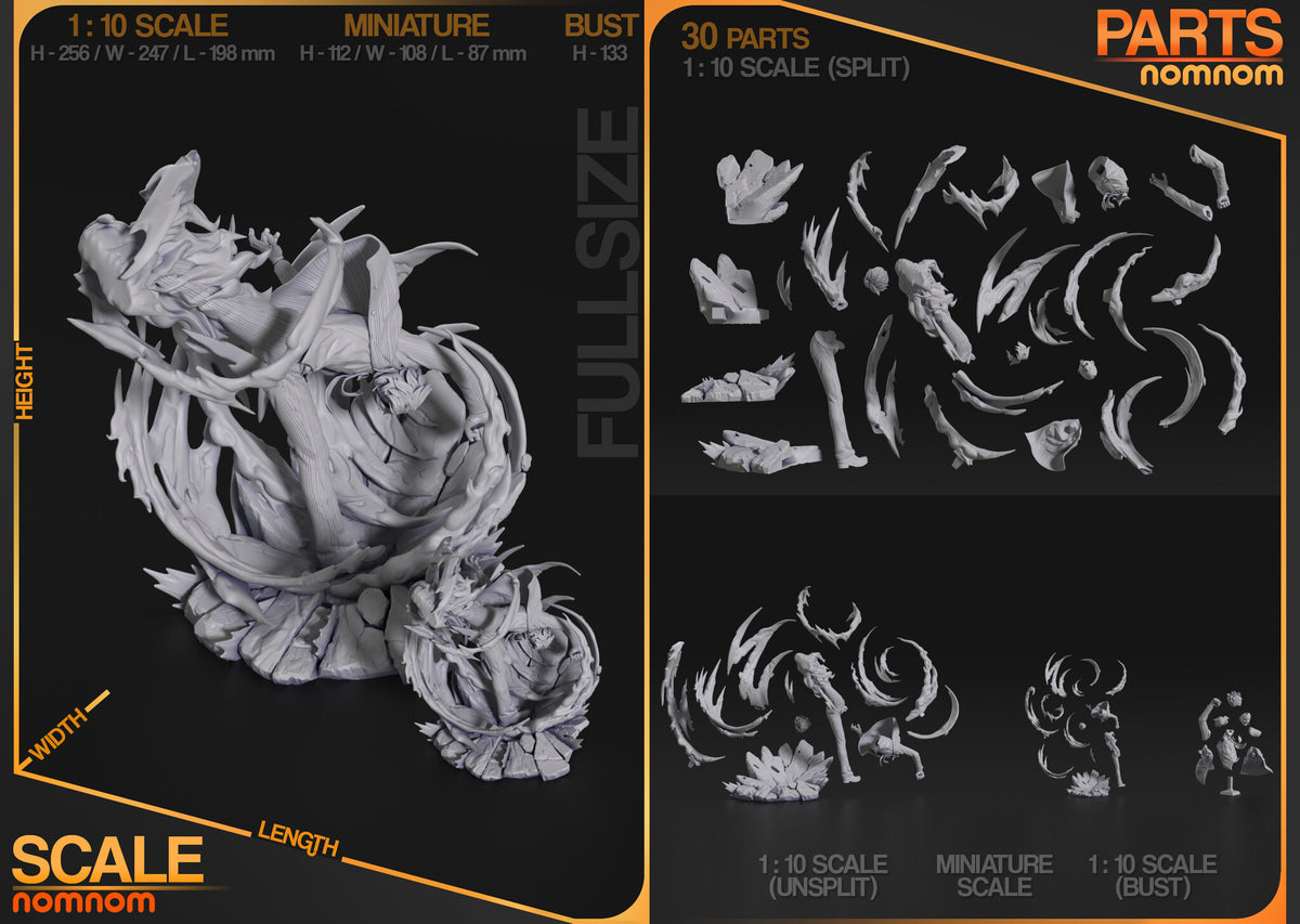 Studio scale and parts sheet (kit ships unpainted): the studio's sizes for each version (bust 133 mm tall), with the bust's parts shown in the bottom-right corner