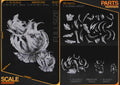 Studio scale and parts sheet (kit ships unpainted): the miniature shown in front of the 1:10 statue with the studio's sizes for each version (miniature 112 mm tall), and the parts of each version laid out, the miniature's in the bottom middle
