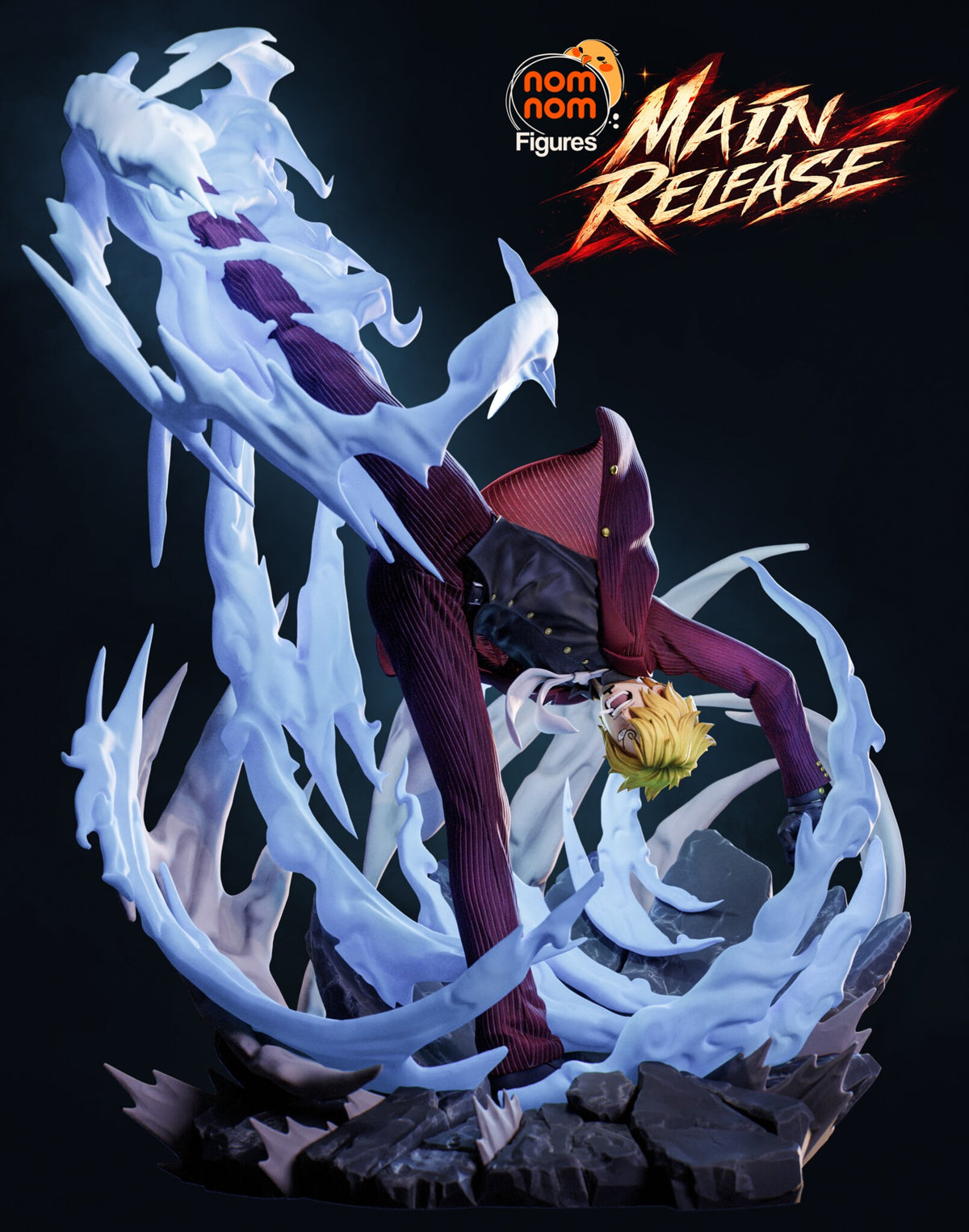 Sculptor's render (kit ships unpainted): the painted design, full front view of the blond fighter in a wine-red pinstripe suit upside down on the rock base inside the flame column; the miniature is the same sculpt at 112 mm tall, in 13 pieces