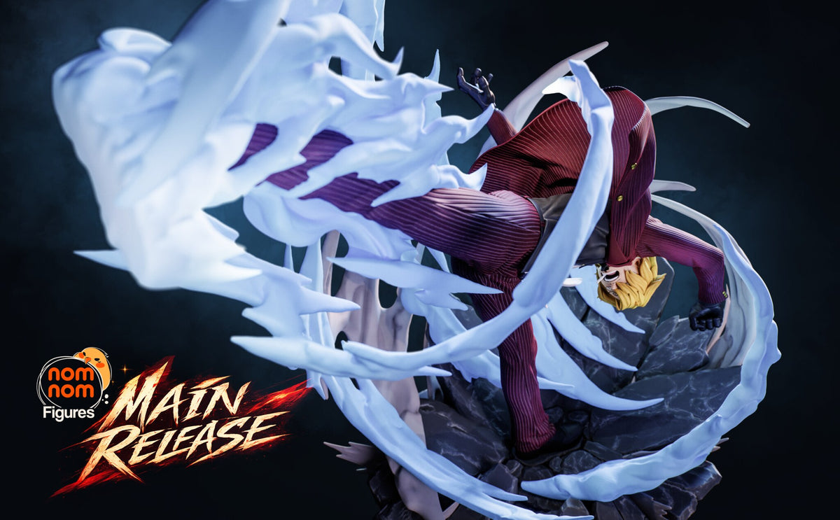 Sculptor's render (kit ships unpainted): view from above, the flaming leg sweeping across and the flame arcs circling the rock base