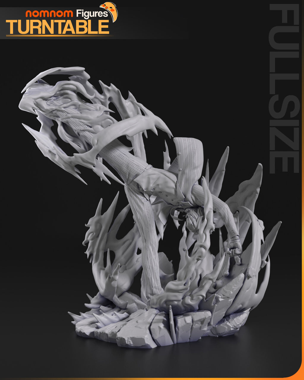 Sculptor's render (kit ships unpainted): gray side view showing the flame column wrapping the raised leg