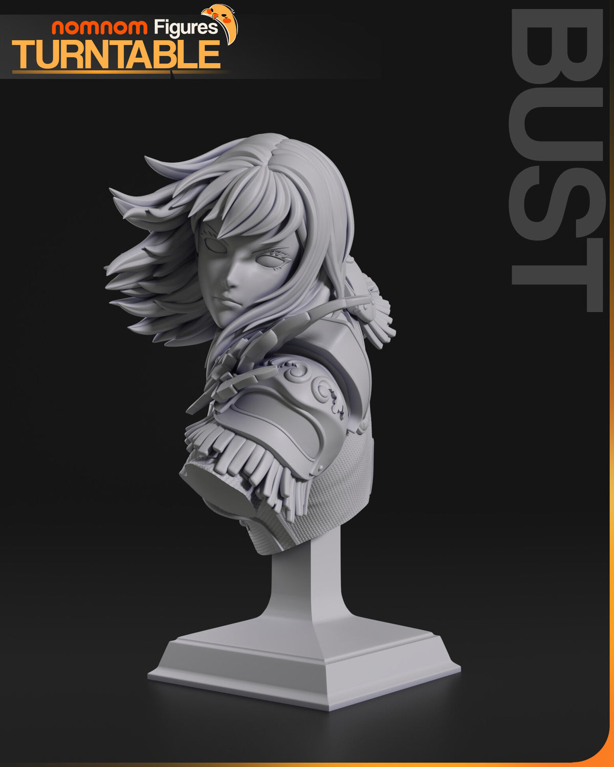 Sculptor's render of the painted design (kit ships unpainted): the bust in unpainted gray, wind-blown bob, jacket collar and engraved shoulder plate, on a stepped square plinth