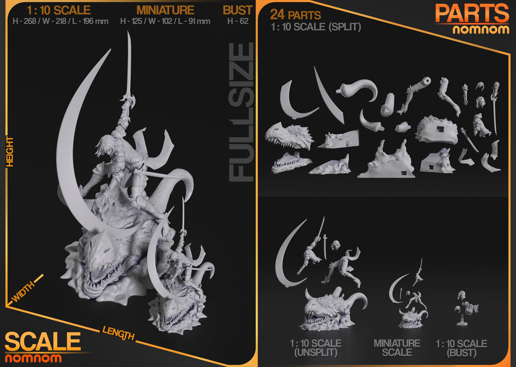 Studio scale and parts sheet (kit ships unpainted): the studio's sizes for this design, the miniature at 125 mm tall, 102 mm wide and 91 mm long, shown assembled beside the larger 1:10 statue and the bust
