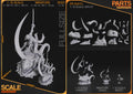 Studio scale and parts sheet (kit ships unpainted): the studio's sizes for this design, the miniature at 125 mm tall, 102 mm wide and 91 mm long, shown assembled beside the larger 1:10 statue and the bust