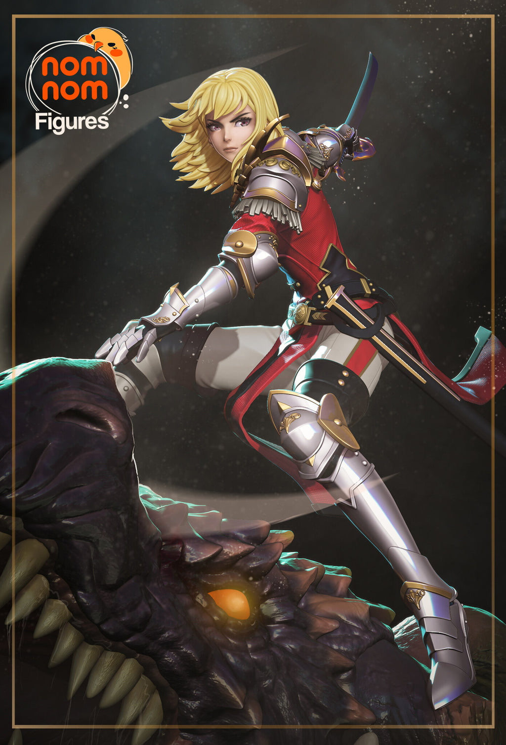 Sculptor's render (kit ships unpainted): the painted design, the blonde swordswoman in a red jacket and silver armor crouched on the dark scaled dragon head; the miniature is the same sculpt at 125 mm tall