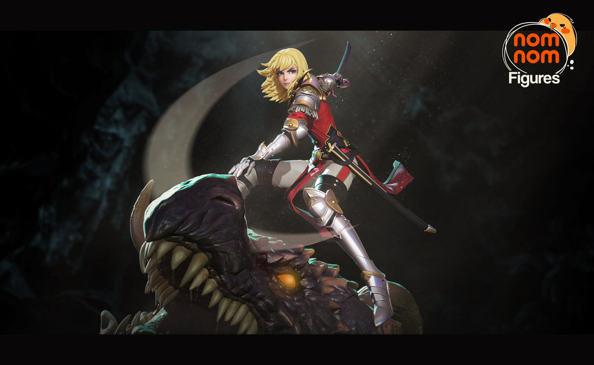 Sculptor's render (kit ships unpainted): the painted design in a wide view of the whole scene with the pale crescent slash behind her; the miniature is the same sculpt at 125 mm tall