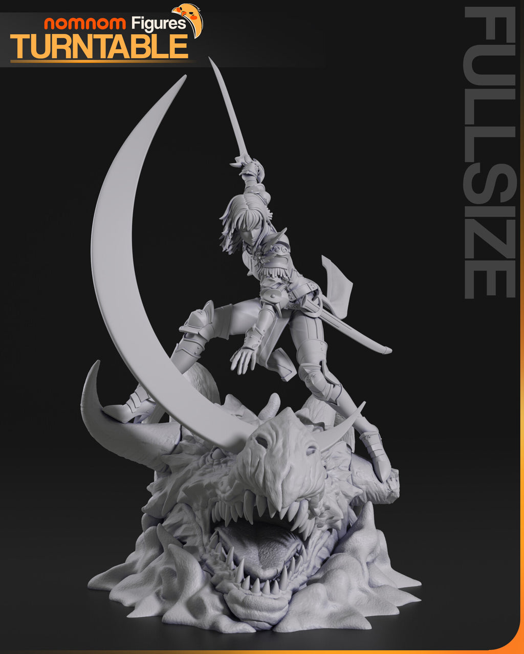Sculptor's render of the painted design (kit ships unpainted): shown here in unpainted gray, front view of the swordswoman crouched on a huge open-jawed dragon head, sword raised, with a tall crescent slash arcing over her