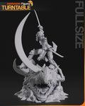 Sculptor's render of the painted design (kit ships unpainted): shown here in unpainted gray, front view of the swordswoman crouched on a huge open-jawed dragon head, sword raised, with a tall crescent slash arcing over her