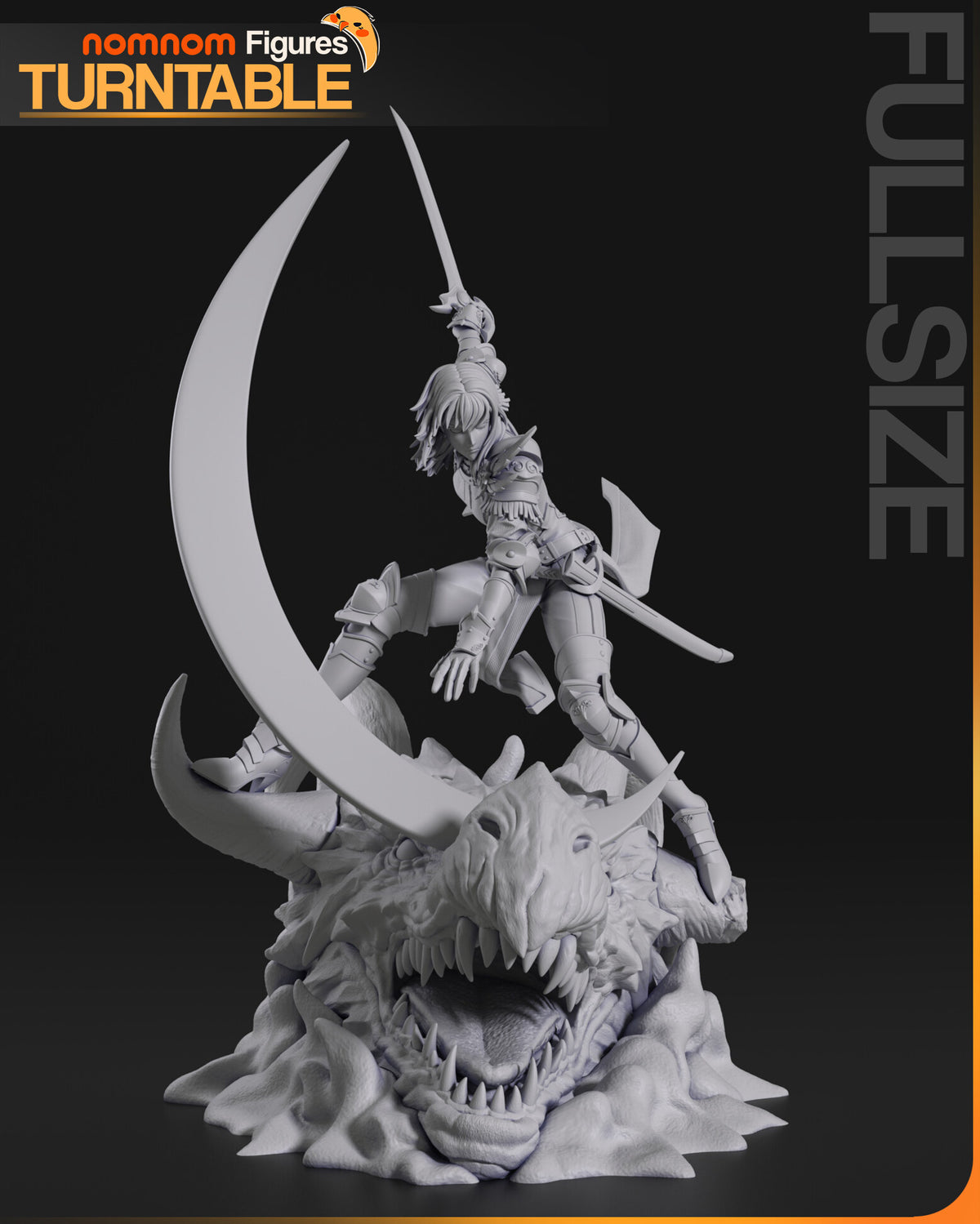 Sculptor's render of the painted design (kit ships unpainted): shown here in unpainted gray, front view of the swordswoman crouched on a huge open-jawed dragon head, sword raised, with a tall crescent slash arcing over her