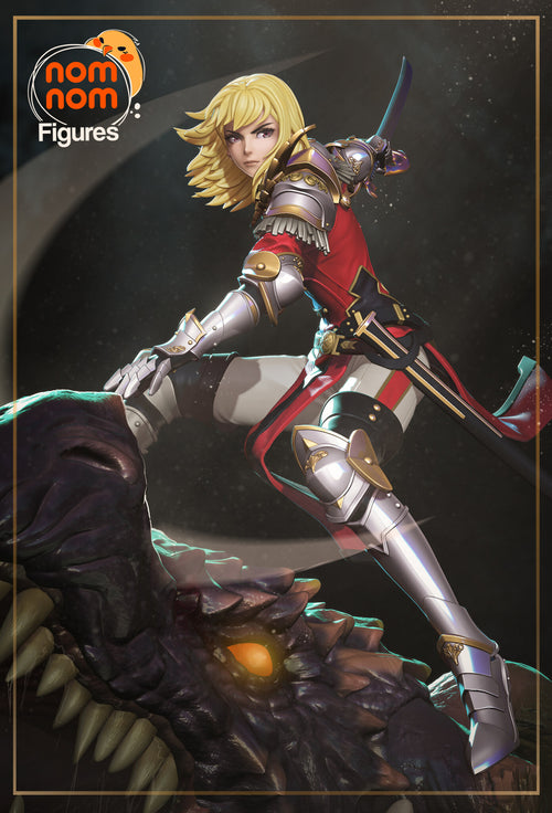 Sculptor's render of the painted design (kit ships unpainted): the blonde swordswoman in a red jacket and silver armor crouched on the dark scaled dragon head