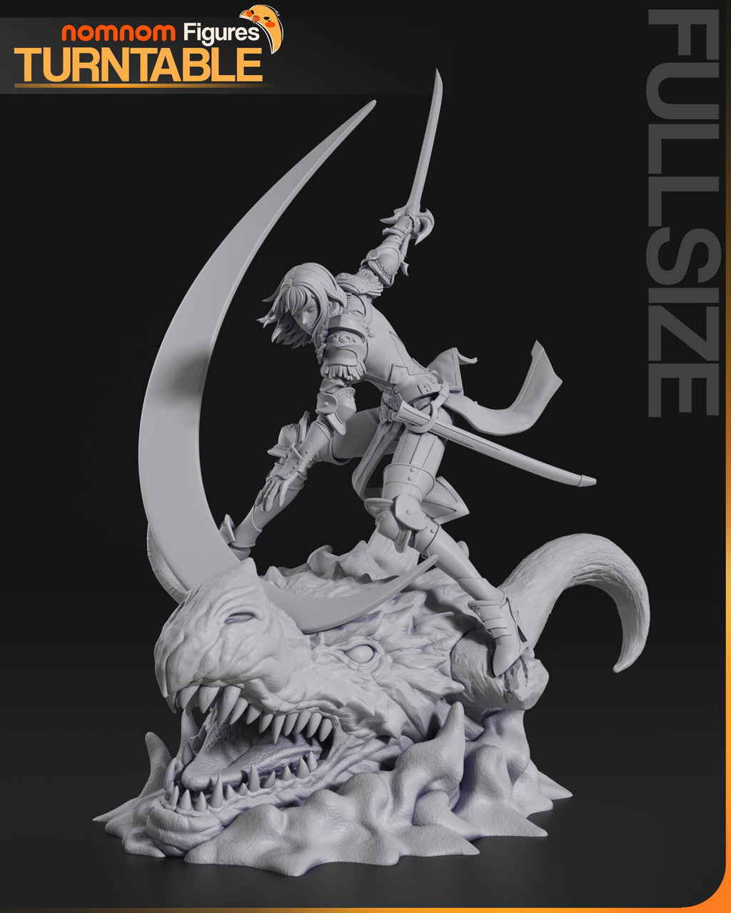 Sculptor's render (kit ships unpainted): gray three-quarter view with the dragon's long curved horn and the sash tails flaring out