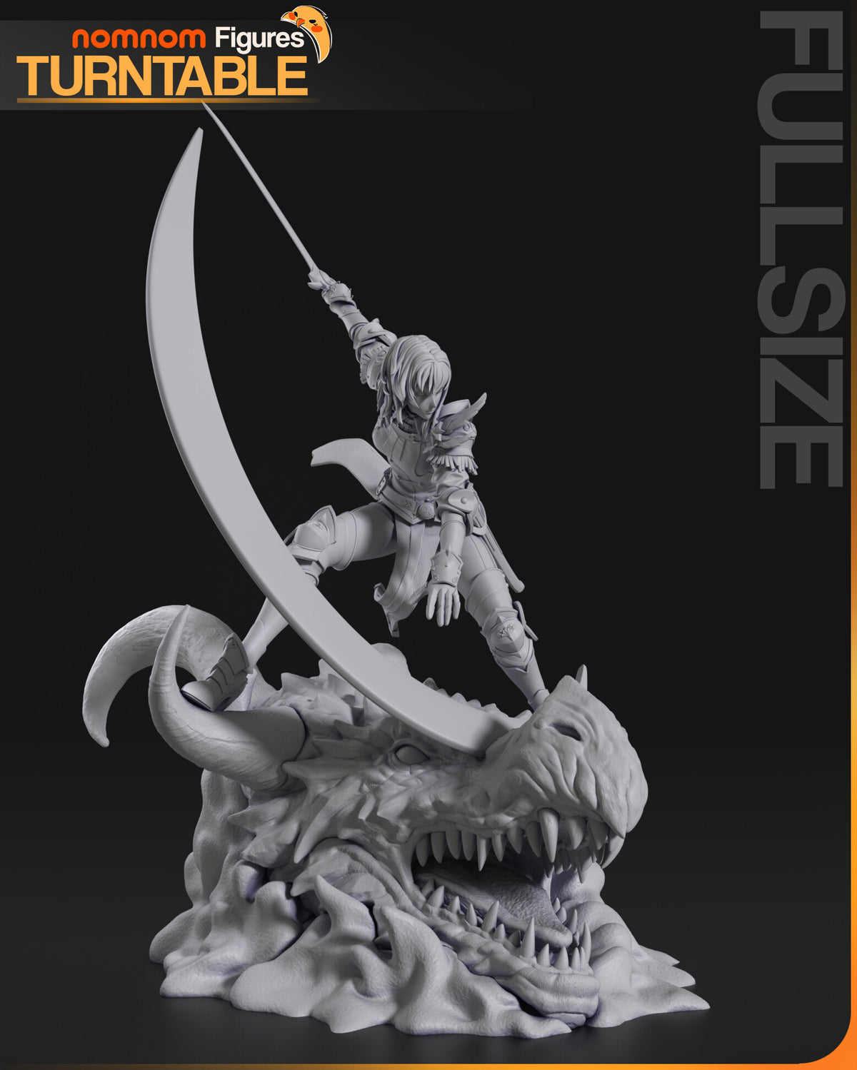 Sculptor's render (kit ships unpainted): gray view from the other side, the slash effect sweeping down past the dragon's jaw