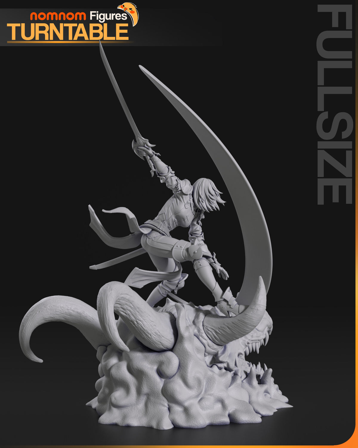 Sculptor's render (kit ships unpainted): gray rear view of the horns, the rock mound and the raised sword