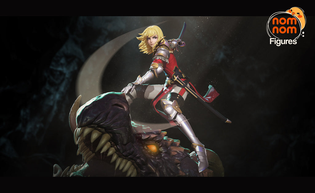 Sculptor's render (kit ships unpainted): painted wide view of the whole scene with the pale crescent slash behind her