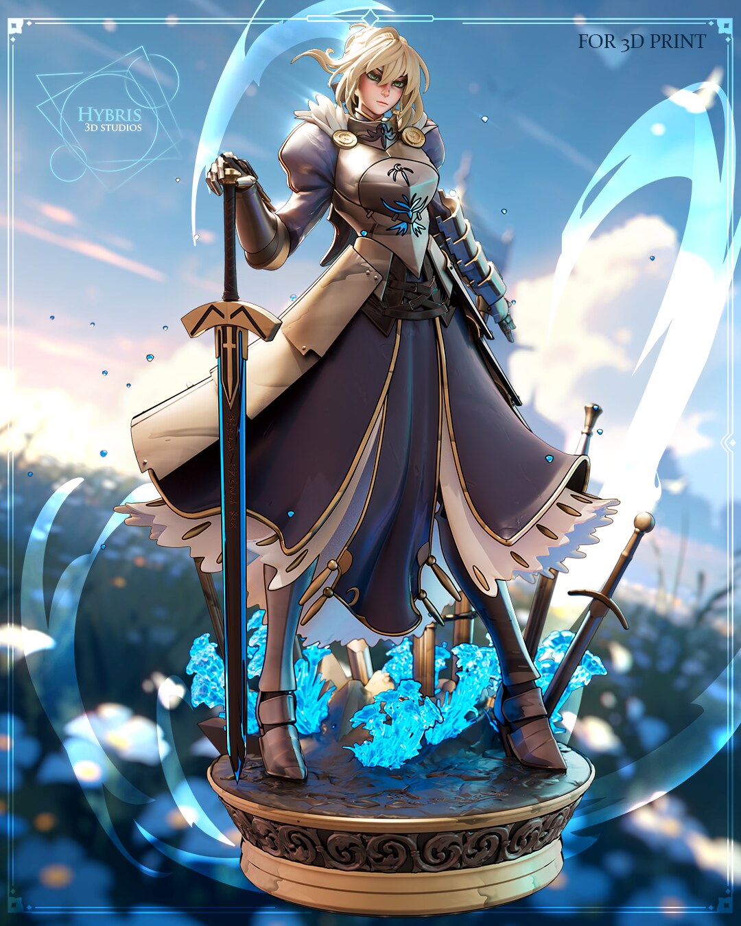 Sculptor's render of the painted design (kit ships unpainted): full front view of the blonde armored swordswoman resting her hand on a planted long sword, with swords and blue crystals on the round carved base (breastplate figure)