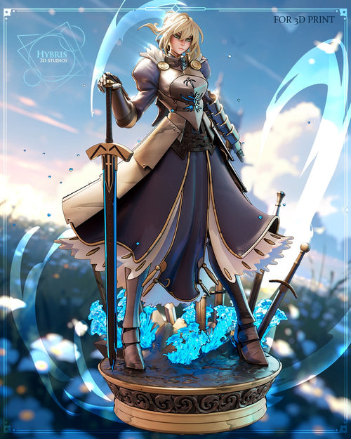 Sculptor's render of the painted design (kit ships unpainted): full front view of the blonde armored swordswoman resting her hand on a planted long sword, with swords and blue crystals on the round carved base (breastplate figure)