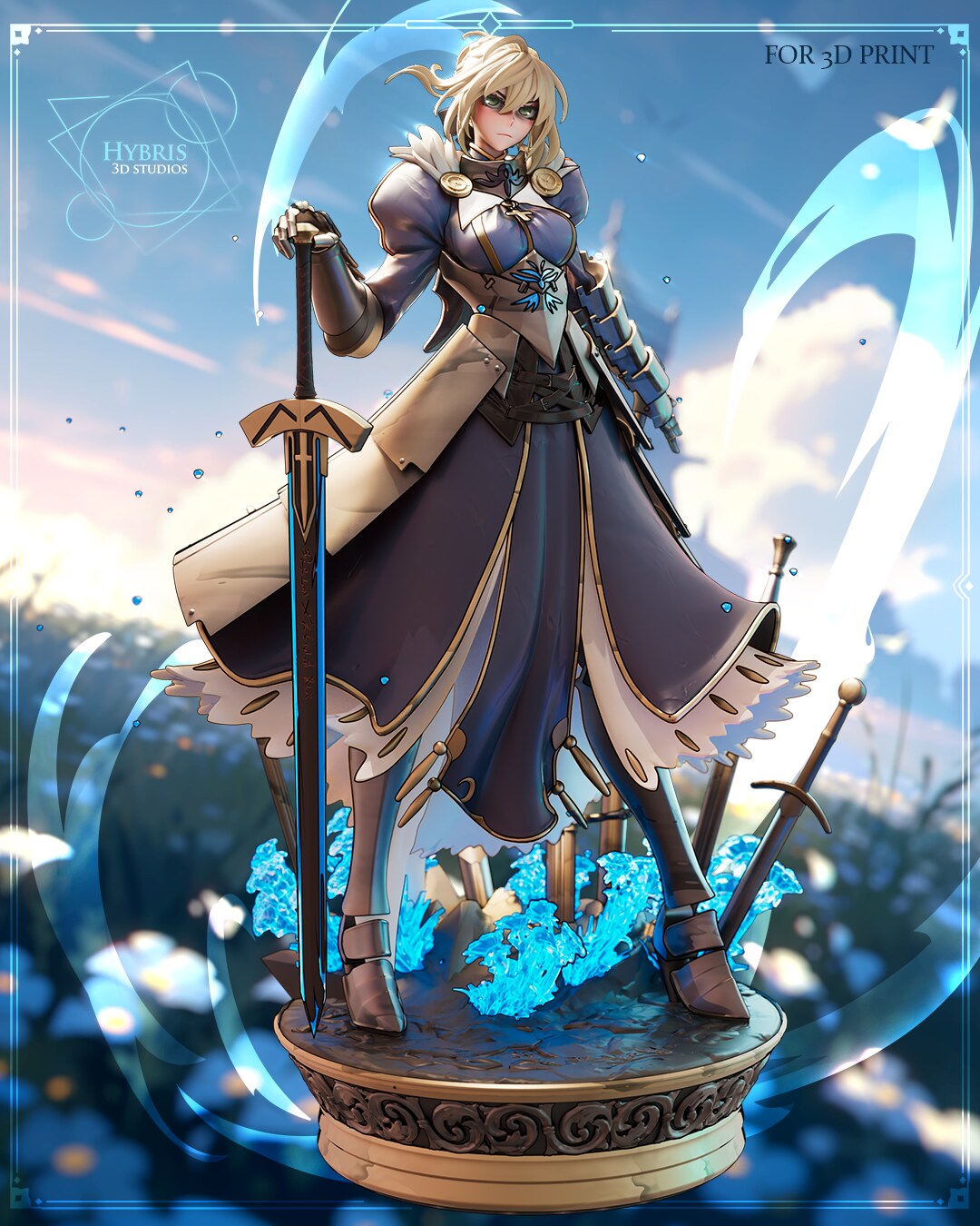 Sculptor's render (kit ships unpainted): the same full front view with the blue cloth bodice and cross pendant (bodice figure)