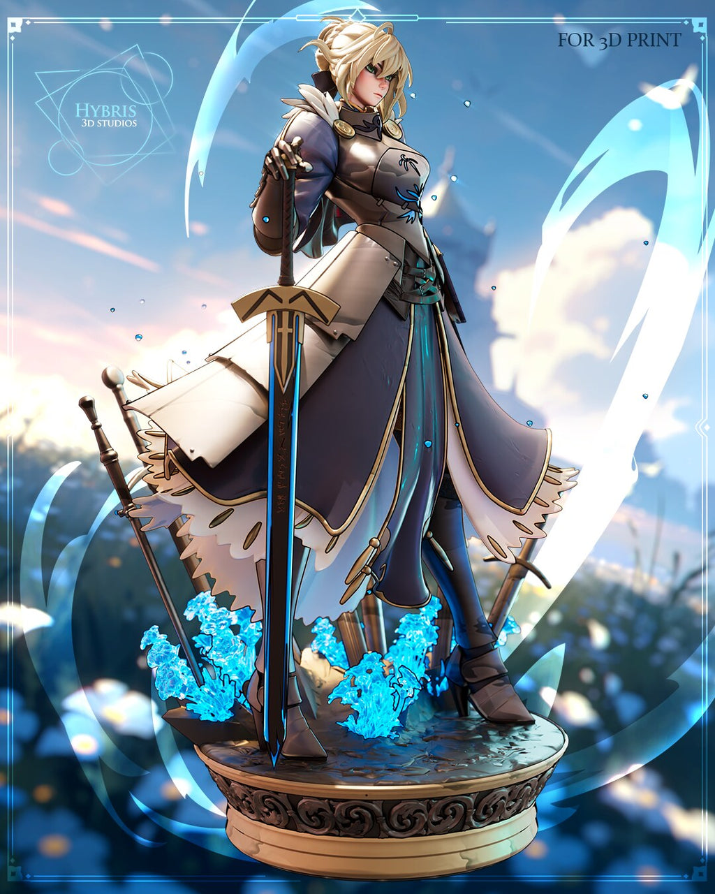 Sculptor's render (kit ships unpainted): front three-quarter view showing the hip plates standing off the skirt and the crossguard of the long sword