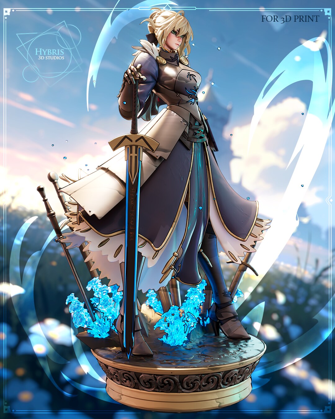Sculptor's render (kit ships unpainted): front three-quarter view showing the hip plates standing off the skirt and the crossguard of the long sword