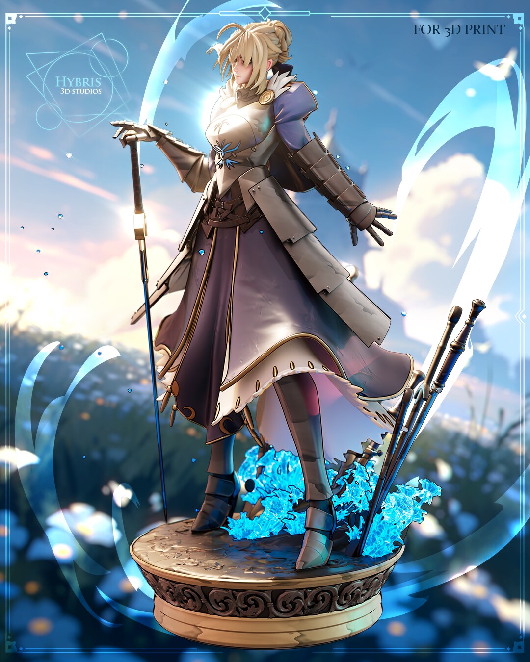 Sculptor's render (kit ships unpainted): three-quarter view from her right, the gauntleted right arm hanging and the front drape panel of the skirt
