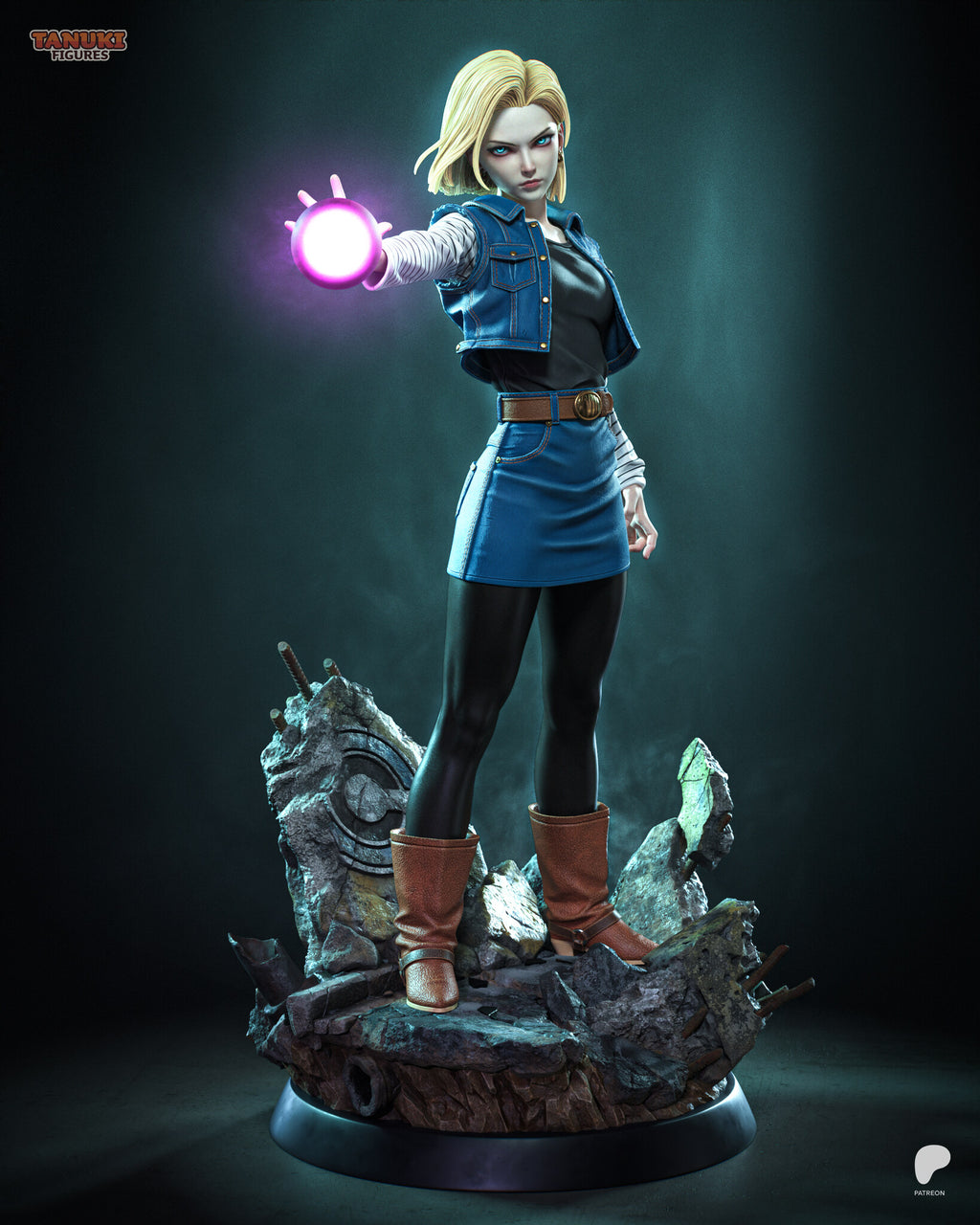 Sculptor's render of the painted design (kit ships unpainted): front view of the blonde fighter with the realistic face holding a glowing pink energy ball, on the rubble base