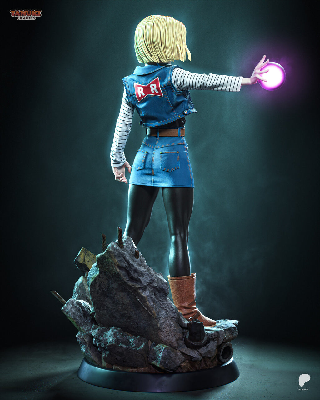 Sculptor's render (kit ships unpainted): back view showing the red patch on the denim vest and the back of the rubble base