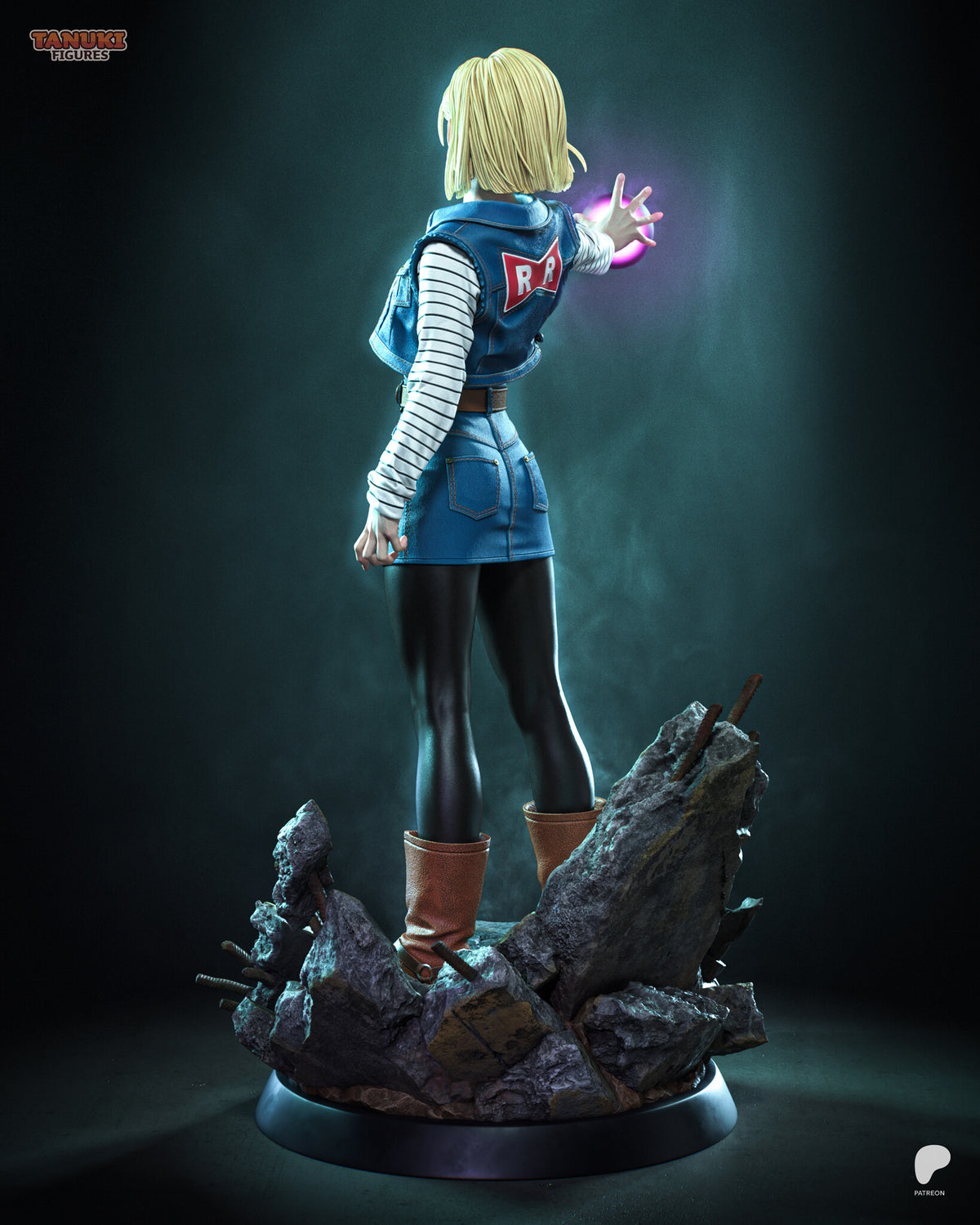 Sculptor's render (kit ships unpainted): rear three-quarter view with the arm reaching away and a large rock beside her boot