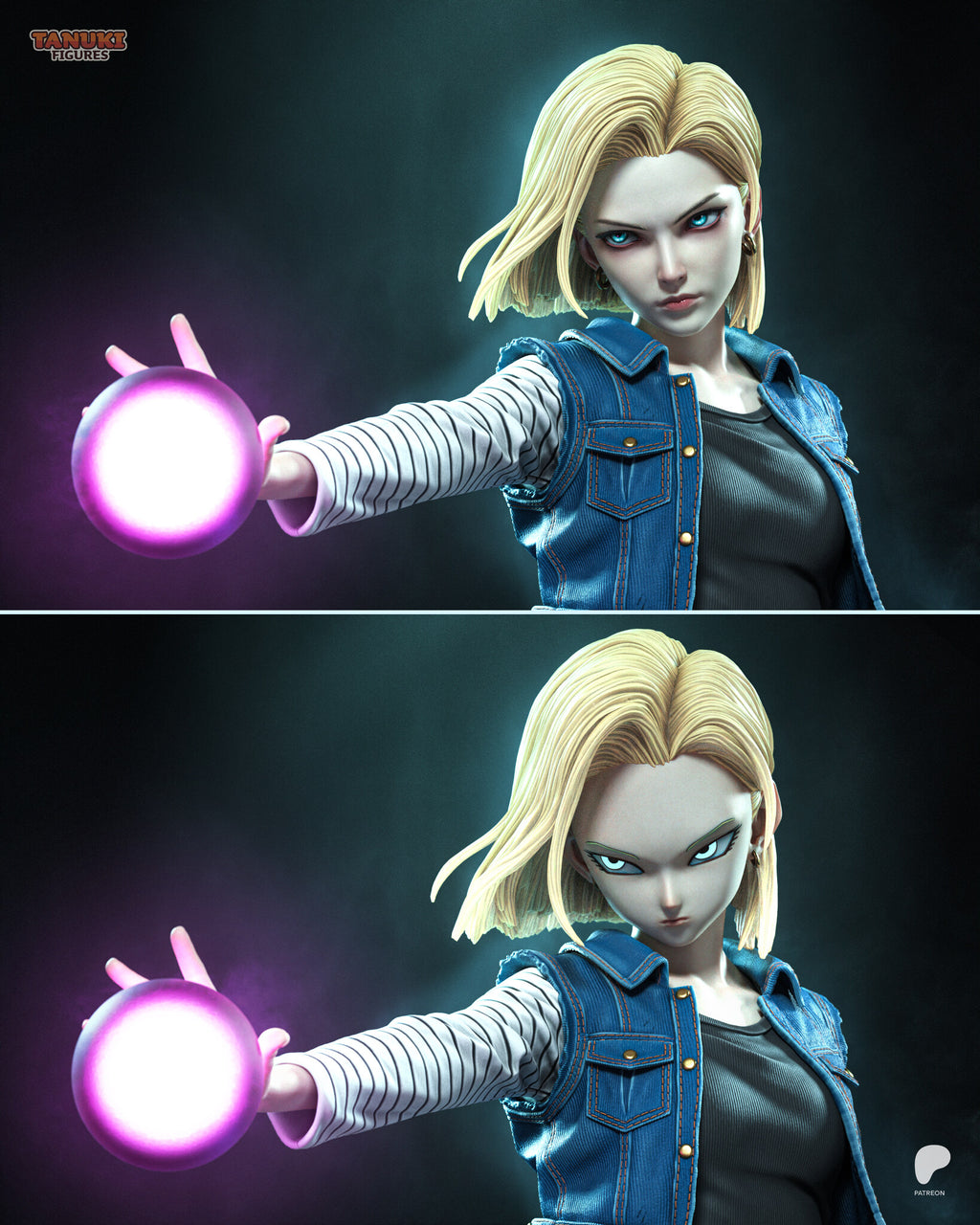 Sculptor's render (kit ships unpainted): the two face styles compared, realistic above and classic anime below