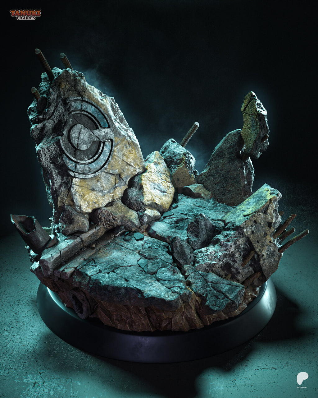 Sculptor's render (kit ships unpainted): the rubble base on its own, with a carved slab, rusty rebar and a broken pipe on a round black plinth
