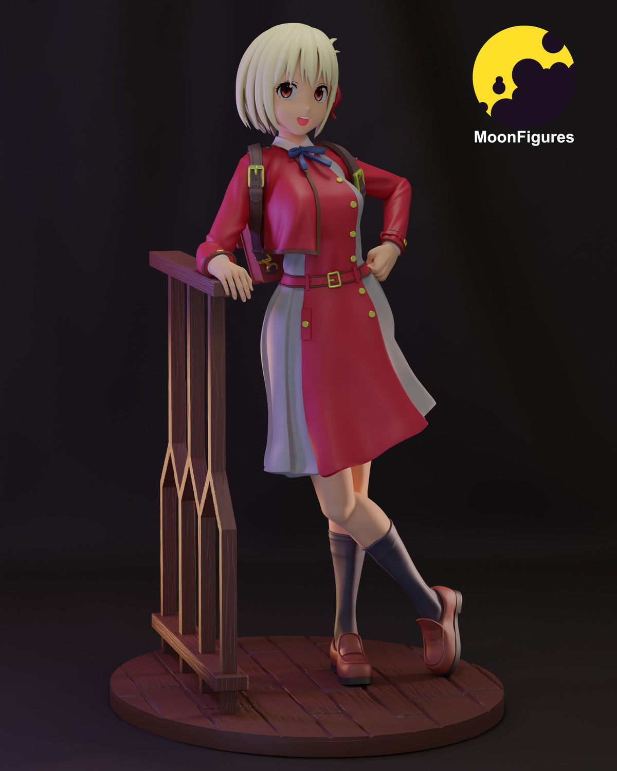 Sculptor's render of the painted design (kit ships unpainted): full-figure three-quarter view of the smiling blonde girl in a red coat dress and cropped jacket, one hand on a wooden fence rail, standing on a round plank floor